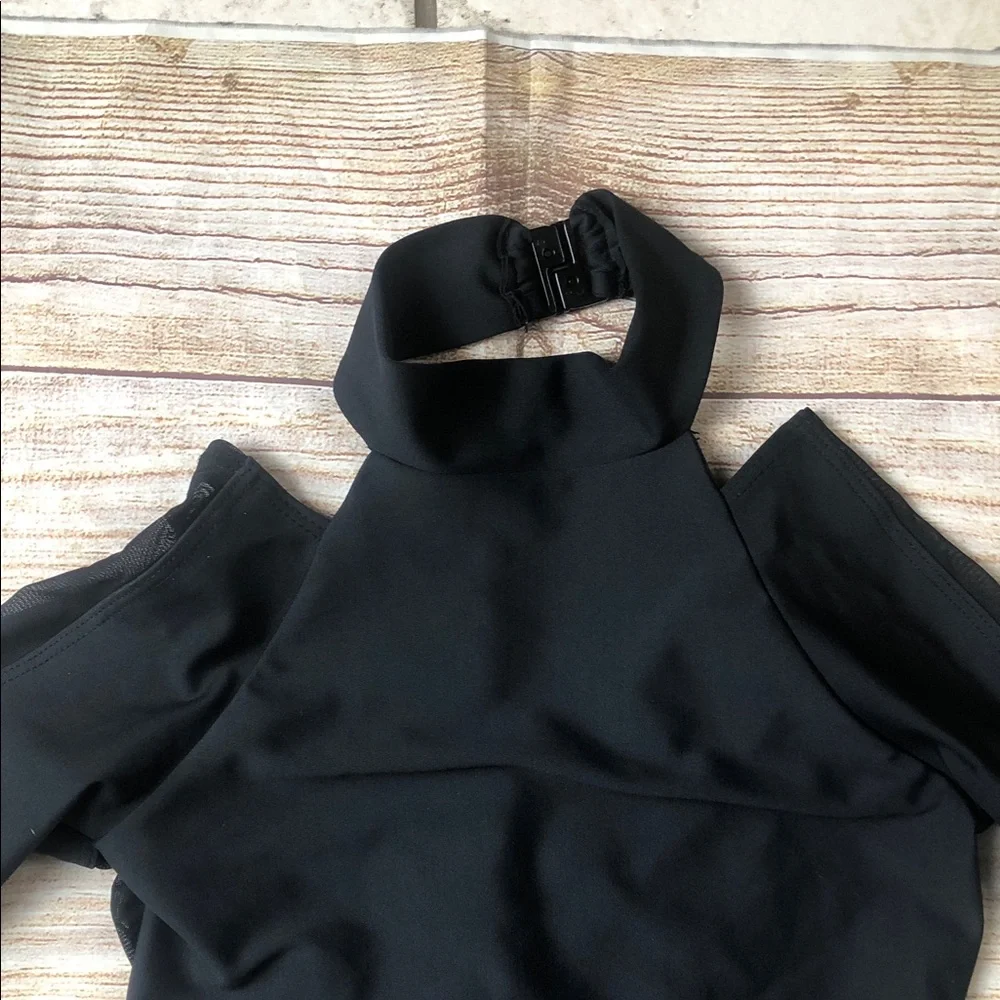 Black Cold-Shoulder‎ Mesh Long Sleeve Dance Leotard with High Neck